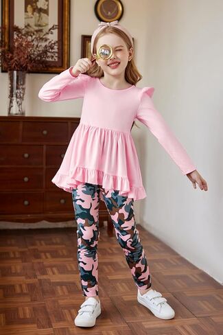 Arshiner Toddler Girl Clothes Ruffle Trim Long Sleeve Pullover Top and Floral Print Leggings Fall Outfits Kids Clothing Sets in Kuwait