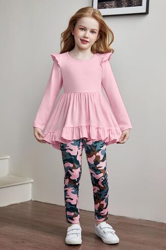 Arshiner Toddler Girl Clothes Ruffle Trim Long Sleeve Pullover Top and Floral Print Leggings Fall Outfits Kids Clothing Sets in Kuwait
