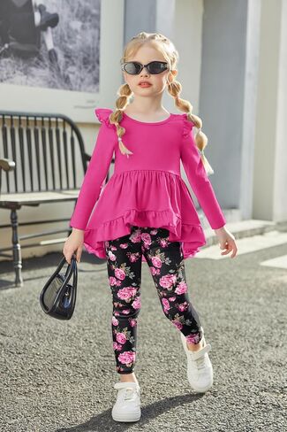 Arshiner Toddler Girl Clothes Fall Outfits Ruffle Sleeve Tops and Leggings | for Toddler,Little,Big Girls,Long Sleeve Pullover Shirt,Floral Print Leggings,Fall Outfits,Cute Outfits in Saudi Arabia