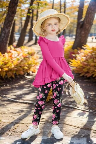 Arshiner Toddler Girl Clothes Fall Outfits Ruffle Sleeve Tops and Leggings | for Toddler,Little,Big Girls,Long Sleeve Pullover Shirt,Floral Print Leggings,Fall Outfits,Cute Outfits in Saudi Arabia