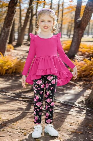 Arshiner Toddler Girl Clothes Fall Outfits Ruffle Sleeve Tops and Leggings | for Toddler,Little,Big Girls,Long Sleeve Pullover Shirt,Floral Print Leggings,Fall Outfits,Cute Outfits in Saudi Arabia