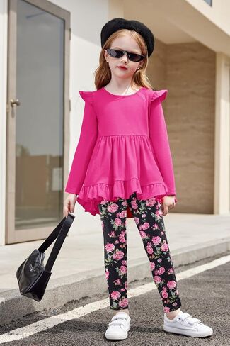 Arshiner Toddler Girl Clothes Fall Outfits Ruffle Sleeve Tops and Leggings | for Toddler,Little,Big Girls,Long Sleeve Pullover Shirt,Floral Print Leggings,Fall Outfits,Cute Outfits in Saudi Arabia