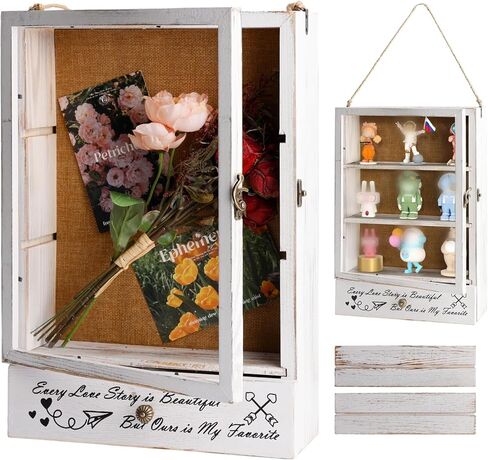 Large Shadow Box Frame 11x16 , 3.5" Deep Shadow Box with Drawers and Removable Shelves, Rustic White Color Wood Picture Display Frame Memory Box for Tickets Wedding Bouquet for Wall or Tabletop in Kuwait