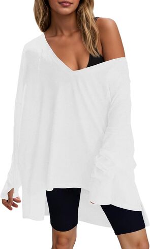Fisoew Womens Long Sleeve Prockout Tops activewear activewear tunic v neck atheletic atchelet in Saudi Arabia