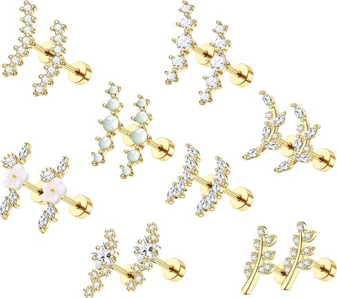 8 Pairs 16G Cartilage Earrings Conch Helix Piercing Jewelry for Women Stainless Steel Flower Opal CZ Conch Daith Tragus Piercing Jewelry Screw Back Stud Earrings Set in Kuwait