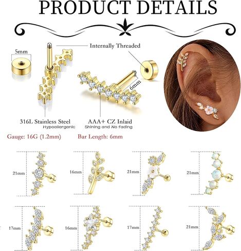 8 Pairs 16G Cartilage Earrings Conch Helix Piercing Jewelry for Women Stainless Steel Flower Opal CZ Conch Daith Tragus Piercing Jewelry Screw Back Stud Earrings Set in Kuwait