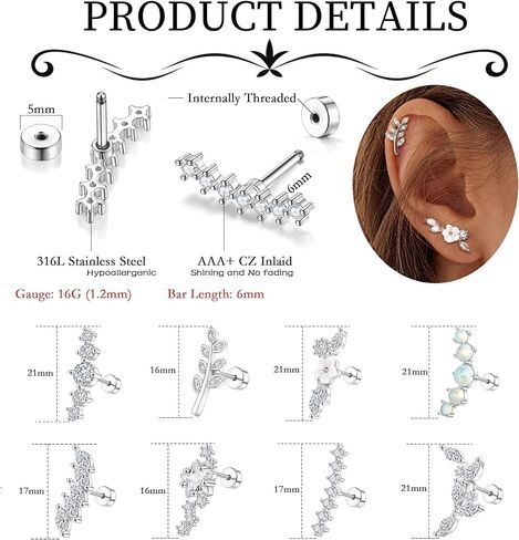 8 Pairs 16G Cartilage Earrings Conch Helix Piercing Jewelry for Women Stainless Steel Flower Opal CZ Conch Daith Tragus Piercing Jewelry Screw Back Stud Earrings Set in Kuwait