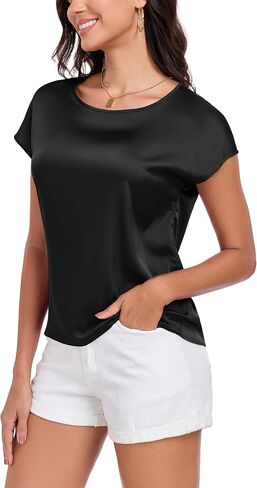 Womens Silk Satin Shirt Casual Cap Short Sleeve Blouse Basic Round Neck Work Tops in Saudi Arabia