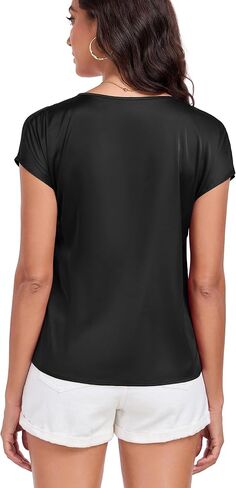 Womens Silk Satin Shirt Casual Cap Short Sleeve Blouse Basic Round Neck Work Tops in Saudi Arabia
