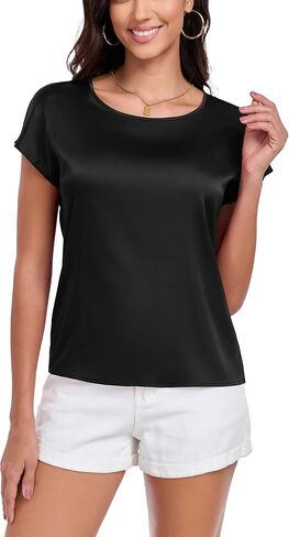 Womens Silk Satin Shirt Casual Cap Short Sleeve Blouse Basic Round Neck Work Tops in Saudi Arabia