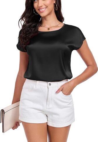 Womens Silk Satin Shirt Casual Cap Short Sleeve Blouse Basic Round Neck Work Tops in Saudi Arabia
