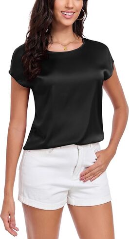 Womens Silk Satin Shirt Casual Cap Short Sleeve Blouse Basic Round Neck Work Tops in Saudi Arabia