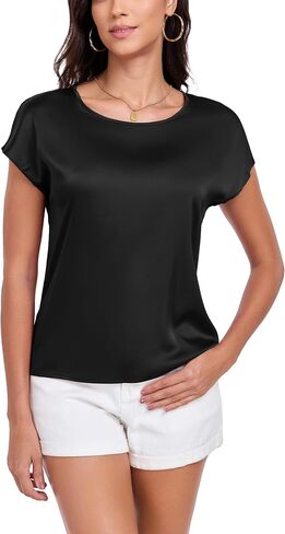 Womens Silk Satin Shirt Casual Cap Short Sleeve Blouse Basic Round Neck Work Tops in Saudi Arabia