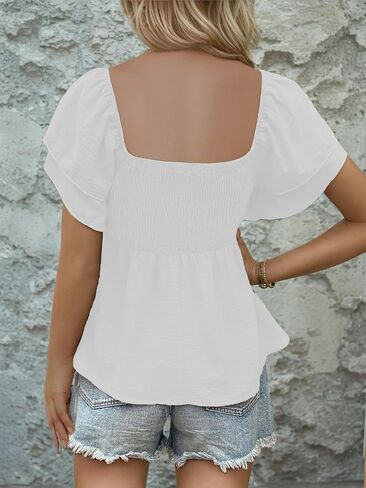 Womens Square Neck Ruffle Short Sleeve Peplum Tops Cute Smocked Babydoll Summer Blouses in Kuwait