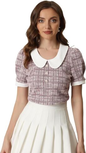 Allegra K Halloween Peter Pan Collar Blouse for Women's Button Decor Vintage Tweed Top Shirt in Saudi Arabia