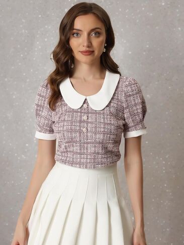 Allegra K Halloween Peter Pan Collar Blouse for Women's Button Decor Vintage Tweed Top Shirt in Saudi Arabia