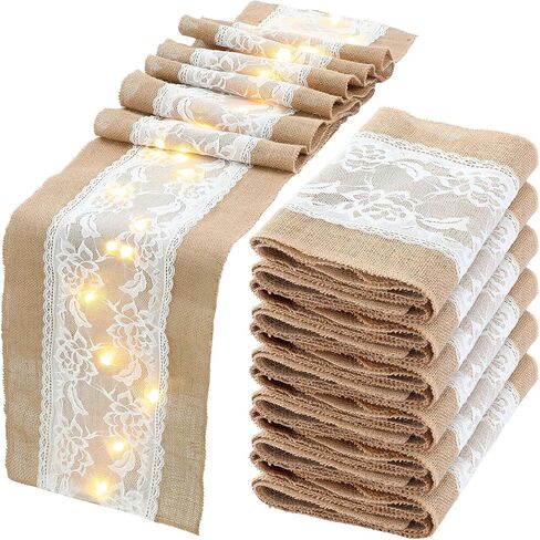 6 Pcs 12" x 108" Burlap Table Runner with LED String Lights Lace Rustic Burlap Runner Jute Vintage Rectangle Table Cover Farmhouse Fabric Table Runner for Wedding Birthday Holiday Dinner Home Decor in Saudi Arabia