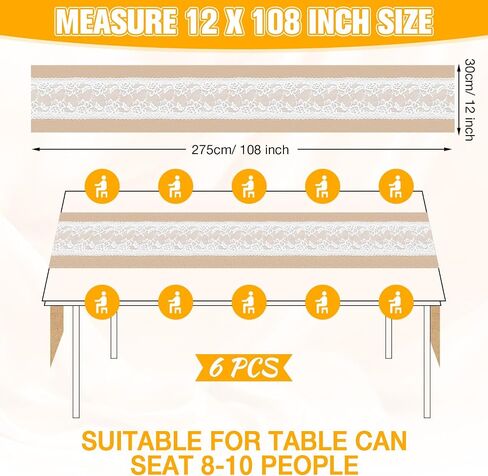 6 Pcs 12" x 108" Burlap Table Runner with LED String Lights Lace Rustic Burlap Runner Jute Vintage Rectangle Table Cover Farmhouse Fabric Table Runner for Wedding Birthday Holiday Dinner Home Decor in Saudi Arabia