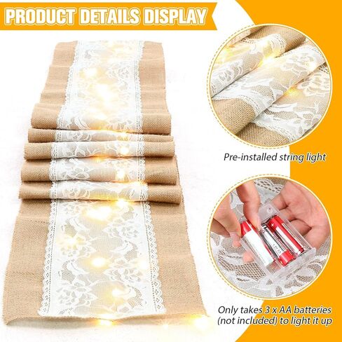 6 Pcs 12" x 108" Burlap Table Runner with LED String Lights Lace Rustic Burlap Runner Jute Vintage Rectangle Table Cover Farmhouse Fabric Table Runner for Wedding Birthday Holiday Dinner Home Decor in Saudi Arabia
