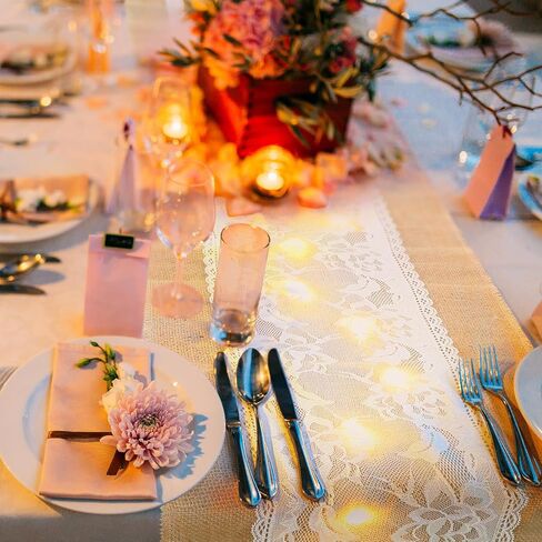 6 Pcs 12" x 108" Burlap Table Runner with LED String Lights Lace Rustic Burlap Runner Jute Vintage Rectangle Table Cover Farmhouse Fabric Table Runner for Wedding Birthday Holiday Dinner Home Decor in Saudi Arabia