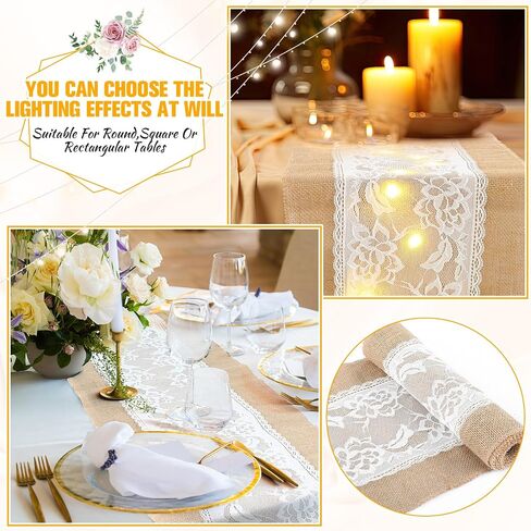6 Pcs 12" x 108" Burlap Table Runner with LED String Lights Lace Rustic Burlap Runner Jute Vintage Rectangle Table Cover Farmhouse Fabric Table Runner for Wedding Birthday Holiday Dinner Home Decor in Saudi Arabia