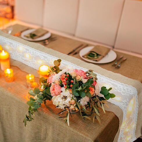 6 Pcs 12" x 108" Burlap Table Runner with LED String Lights Lace Rustic Burlap Runner Jute Vintage Rectangle Table Cover Farmhouse Fabric Table Runner for Wedding Birthday Holiday Dinner Home Decor in Saudi Arabia