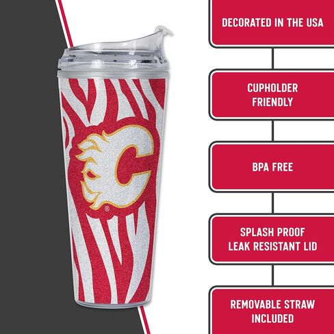 Rico Industries NHL Hockey Florida Panthers Zebra Stripes 24oz Acrylic Glitter Tumbler with Hinged Lid, Officially Licensed Double Wall Tumbler with Straw in Saudi Arabia