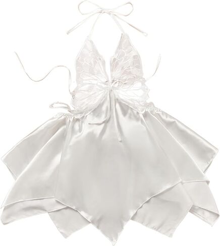 Midnight Surprise Butterfly Lace Lingerie Babydoll – White Sheer Halter Nightdress with Satin Petal Skirt in Saudi Arabia