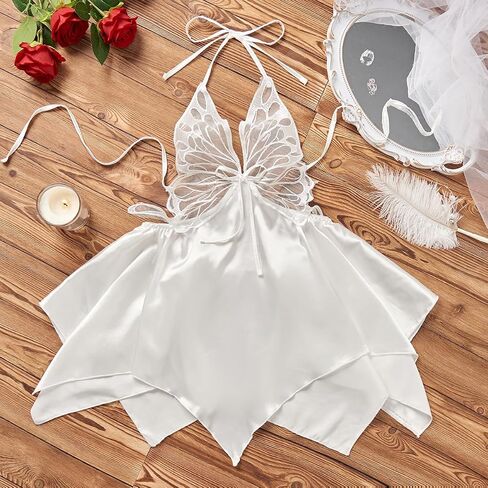 Midnight Surprise Butterfly Lace Lingerie Babydoll – White Sheer Halter Nightdress with Satin Petal Skirt in Saudi Arabia