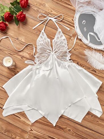 Midnight Surprise Butterfly Lace Lingerie Babydoll – White Sheer Halter Nightdress with Satin Petal Skirt in Saudi Arabia
