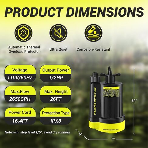 1/2HP Sump Pump Submersible, 2650 GPH High Flow Utility Water Pump, Efficiently Water Removal for Basement, Garden, Swimming Pool, Hot Tubs, Flooded House (RyobiGreen) in Kuwait