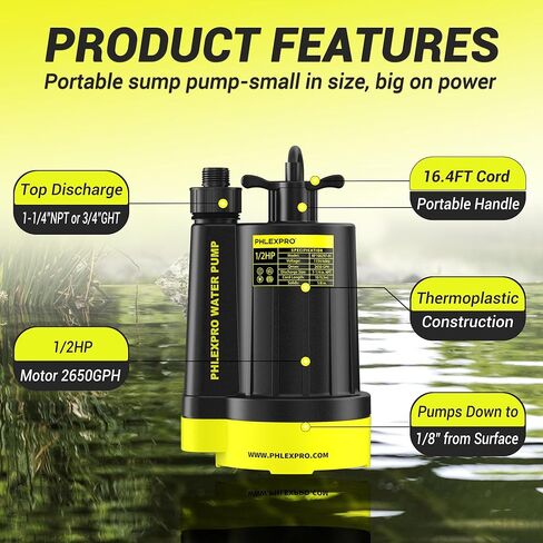 1/2HP Sump Pump Submersible, 2650 GPH High Flow Utility Water Pump, Efficiently Water Removal for Basement, Garden, Swimming Pool, Hot Tubs, Flooded House (RyobiGreen) in Kuwait