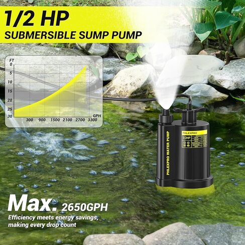 1/2HP Sump Pump Submersible, 2650 GPH High Flow Utility Water Pump, Efficiently Water Removal for Basement, Garden, Swimming Pool, Hot Tubs, Flooded House (RyobiGreen) in Kuwait