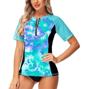 AOBUTE Rash Guard Women Short Sleeve Zip Up Swim Shirt Women SPF 50 Uv Protection Shirt Wave Multicolor XXL in Kuwait
