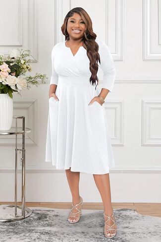 Runwind Women’s Plus Size Midi Dress 3/4 Sleeve Fit and Flare Cocktail Dresses Casusl V-Neck Dress with Pockets in Saudi Arabia