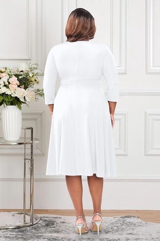 Runwind Women’s Plus Size Midi Dress 3/4 Sleeve Fit and Flare Cocktail Dresses Casusl V-Neck Dress with Pockets in Saudi Arabia