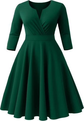 Runwind Women’s Plus Size Midi Dress 3/4 Sleeve Fit and Flare Cocktail Dresses Casusl V-Neck Dress with Pockets in Saudi Arabia