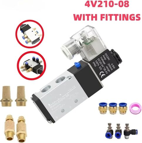 Pneumatic Solenoid Valve with fittings 5 Way 2 Position Control Air Gas Magnetic 4V210-08 12V 24V 110V 220V Coil Volt(4V210-08 PC12-02,AC110) in Saudi Arabia