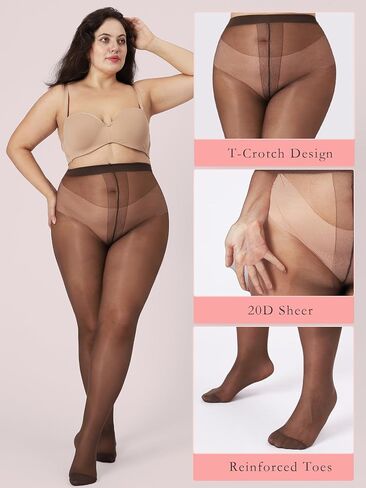 Plus Size Sheer Black Tights for Women T-Crotch 20D Ultra Thin Pantyhose High Waist Stockings 2 Pairs in Saudi Arabia