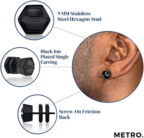 Stainless Steel Hexagon Stud Earring for Men with Black Ion Plating 9 mm Wide Hinged Hoop by Metro Jewelry in Saudi Arabia