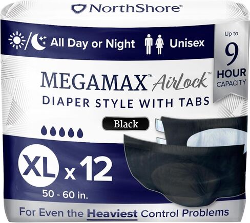 NorthShore MegaMax AirLock Breathable 9-Hour Heavy-Duty Tab-Style Adult Diapers, Medium, 12 Count Bag, Black, 32-44 inches, Unisex Incontinence Underwear in Kuwait