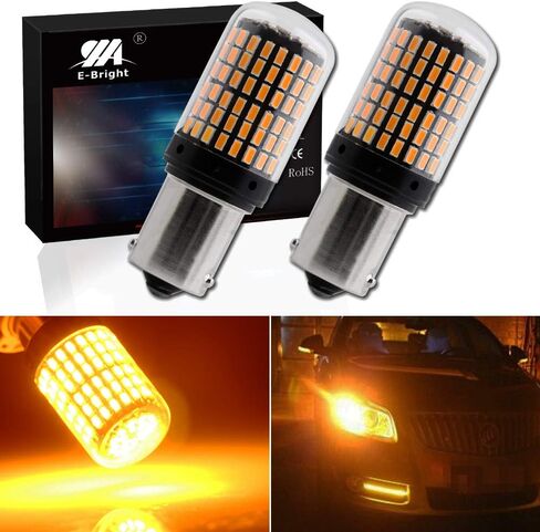 YM E-Bright 1156 BA15S 180 degree P21W Led Turn Signal Bulb 1141 7506 Front Rear Light, Canbus Error Free With Resistors, Amber/Yellow, 2800Lumen 3014 Chipset 144SMD (Pack of 2) in Saudi Arabia