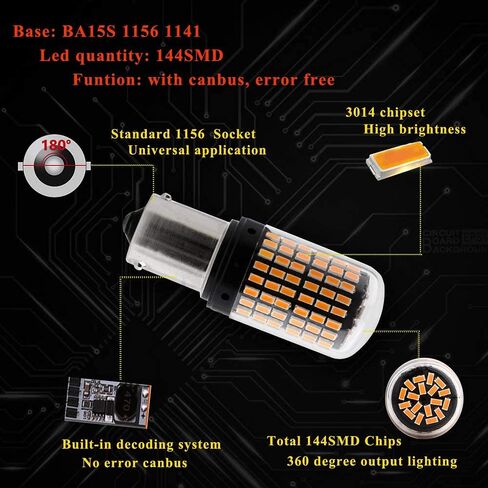 YM E-Bright 1156 BA15S 180 degree P21W Led Turn Signal Bulb 1141 7506 Front Rear Light, Canbus Error Free With Resistors, Amber/Yellow, 2800Lumen 3014 Chipset 144SMD (Pack of 2) in Saudi Arabia