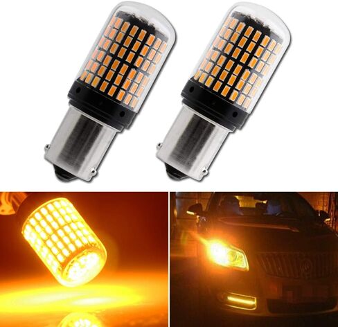 YM E-Bright 1156 BA15S 180 degree P21W Led Turn Signal Bulb 1141 7506 Front Rear Light, Canbus Error Free With Resistors, Amber/Yellow, 2800Lumen 3014 Chipset 144SMD (Pack of 2) in Saudi Arabia