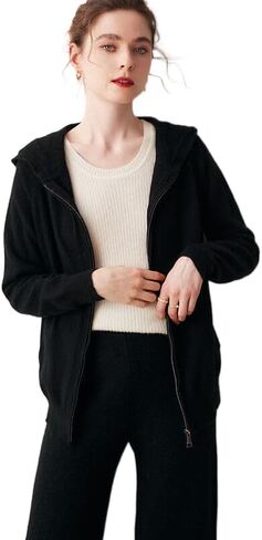 Women's Fall and Winter 100% Cashmere Zipper Open Long Sleeve Hoodie in Saudi Arabia