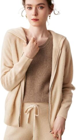 Women's Fall and Winter 100% Cashmere Zipper Open Long Sleeve Hoodie in Saudi Arabia