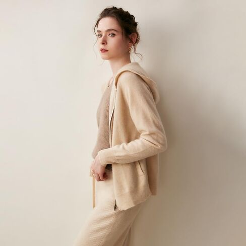 Women's Fall and Winter 100% Cashmere Zipper Open Long Sleeve Hoodie in Saudi Arabia