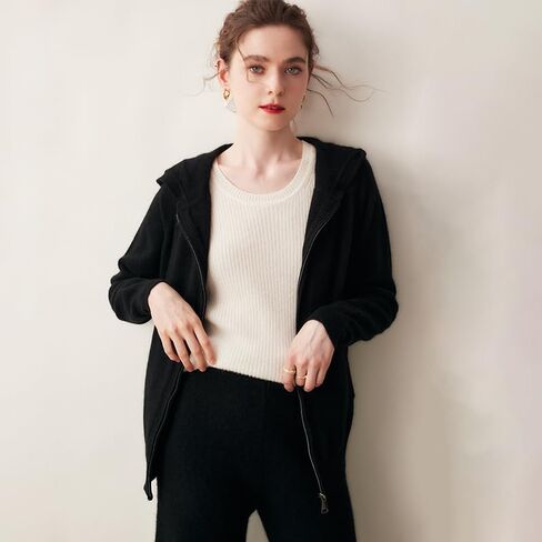 Women's Fall and Winter 100% Cashmere Zipper Open Long Sleeve Hoodie in Saudi Arabia