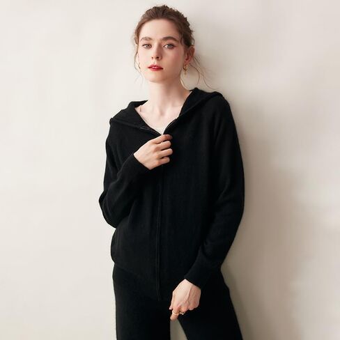 Women's Fall and Winter 100% Cashmere Zipper Open Long Sleeve Hoodie in Saudi Arabia