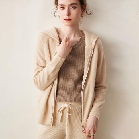 Women's Fall and Winter 100% Cashmere Zipper Open Long Sleeve Hoodie in Saudi Arabia
